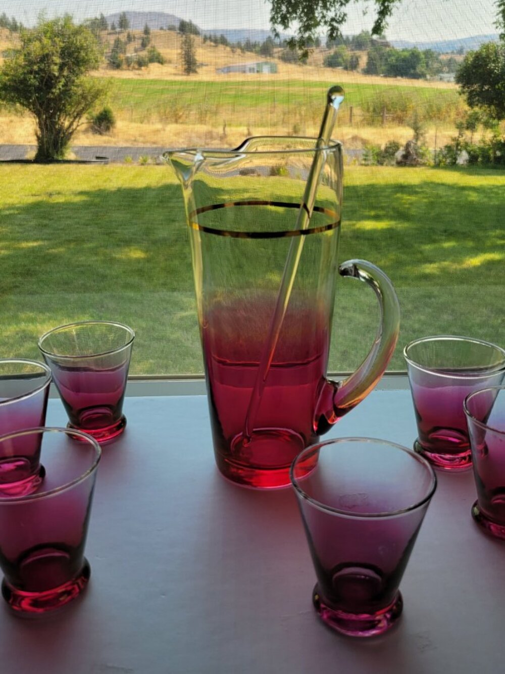 8 pc 1960s Blendo West Virginia Drinkware Set Pitcher Stirrer Glasses Cranberry - Picture 3 of 11